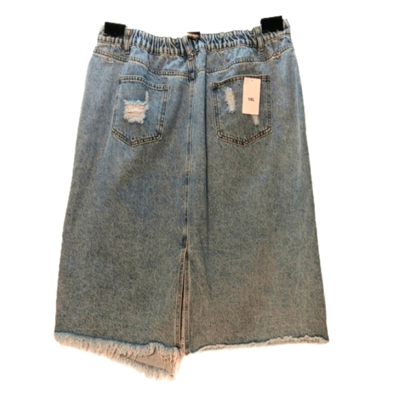 Asymmetrical Denim Skirt Midi Distressed High Waist Light Wash Blue 1X Back Slit - Picture 2 of 6